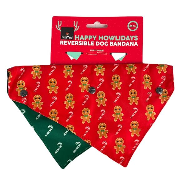 FuzzYard Christmas Candy Canes & Gingerbread Men Reversible Bandana Red Green - Picture 8 of 8